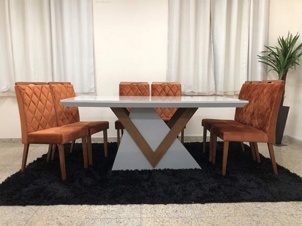 Conjunto Sala de Jantar Mesa 180 Toquio Off White/Imbuia 6 Cadeiras Virgínia Terracota 12