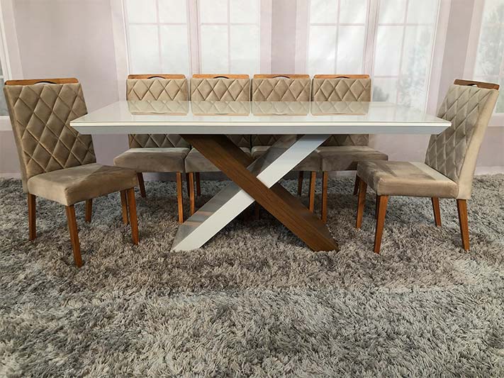 Conjunto de Mesa de Jantar com Vidro e 6 Cadeiras Imperatriz