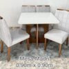 Mesa Madri 90x90 tampo off white bordas boleadas com cadeiras Las Vegas prata