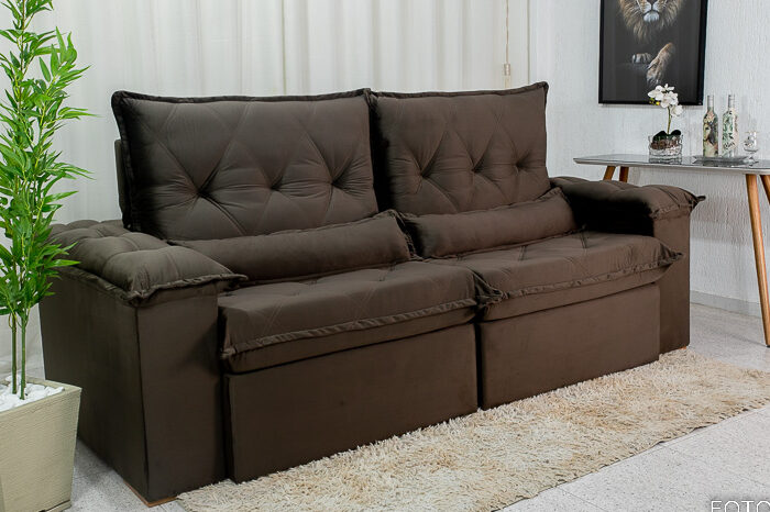 Sofá Retrátil Reclinável Califórnia 2.50m Veludo 524 Marrom – D28 e Molas Ensacadas - Imagem 6