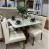 Mesa Pedro Mel Tampo Vidro Off 120×80 4 Cadeiras Sophia bege linho