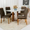 Mesa Pedro Mel Tampo Vidro Off 120×80 4 Cadeiras Lisboa Veludo Marrom 509 Art Assento – Madeira Maciça