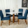Mesa Pedro Mel Tampo Vidro Off 120×80 4 Cadeiras Lisboa Veludo Azul 503 Art Assento – Madeira Maciça
