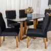Mesa Pedro Mel Tampo Vidro Preto 160×80 6 Cadeiras Lisboa Assento Veludo Preto 504