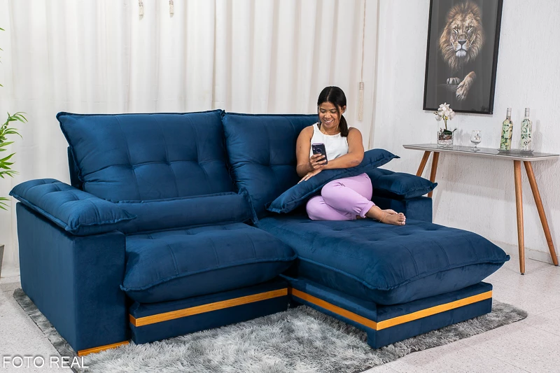 Sofá Retrátil Reclinável Ibis 2.50m Veludo Azul 800 - D33 e Molas Ensacadas - Imagem 3