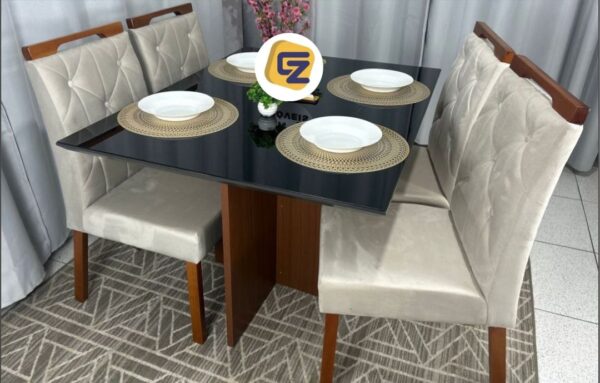 Mesa Los Angeles 120x90 tampo preto com cadeiras bege