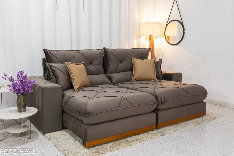 Sofá Retrátil Reclinável 2.30m Gran Bello Veludo Marrom – D33 e Molas Ensacadas