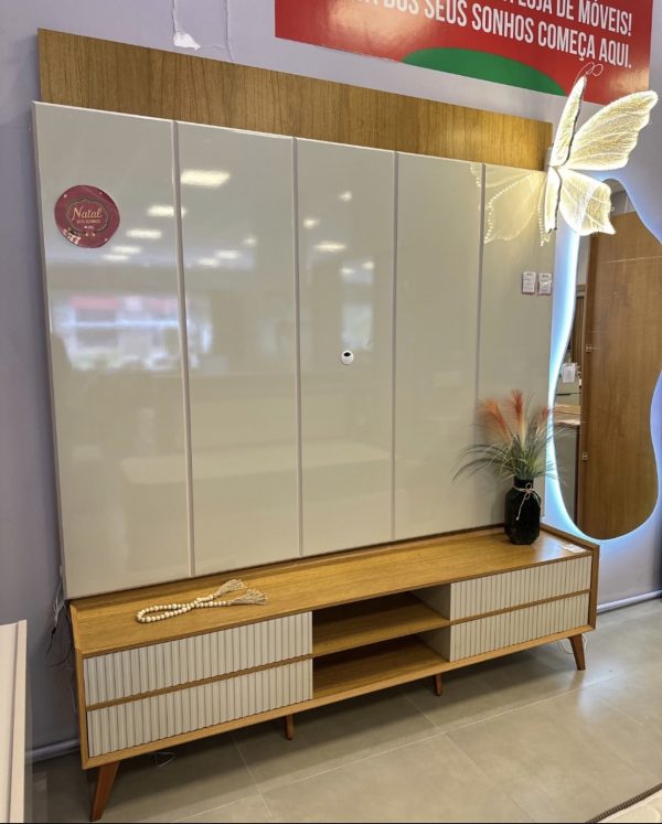 Rack Magnífico 212 Larg. 2.18m + Painel Magnífico 220 Nature/Off C/LED e Detalhe Ripado - Gelius