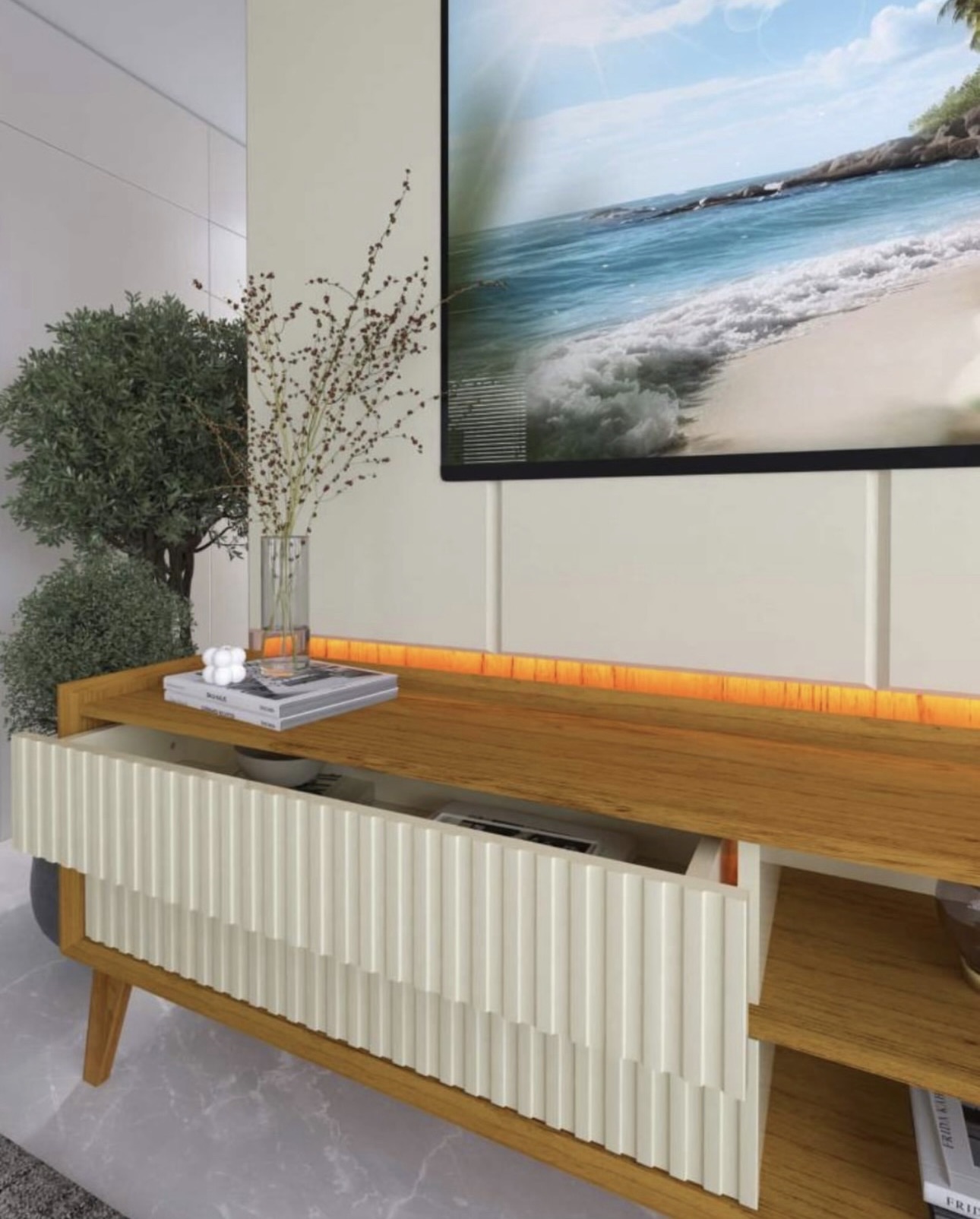 Rack Magnífico 212 Larg. 2.18m + Painel Magnífico 220 Nature/Off C/LED e Detalhe Ripado - Gelius - Imagem 3