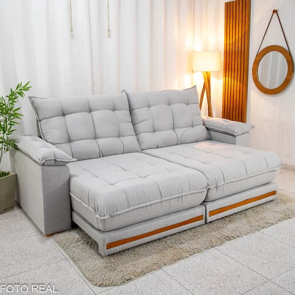 Sofá Retrátil Reclinável Barcelona 2.30m Linho Cinza 461 - D33 e Molas Ensacadas