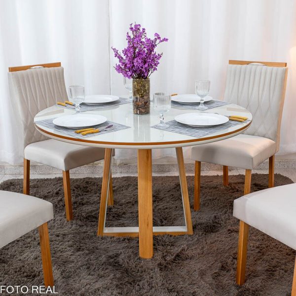 Alternative view of Mesa de Jantar Atlanta Redonda 120cm Vidro Off/Base Madeira Minas Plac + 4 Cad. Genova Veludo Bege 512 Madeira Art Assentos